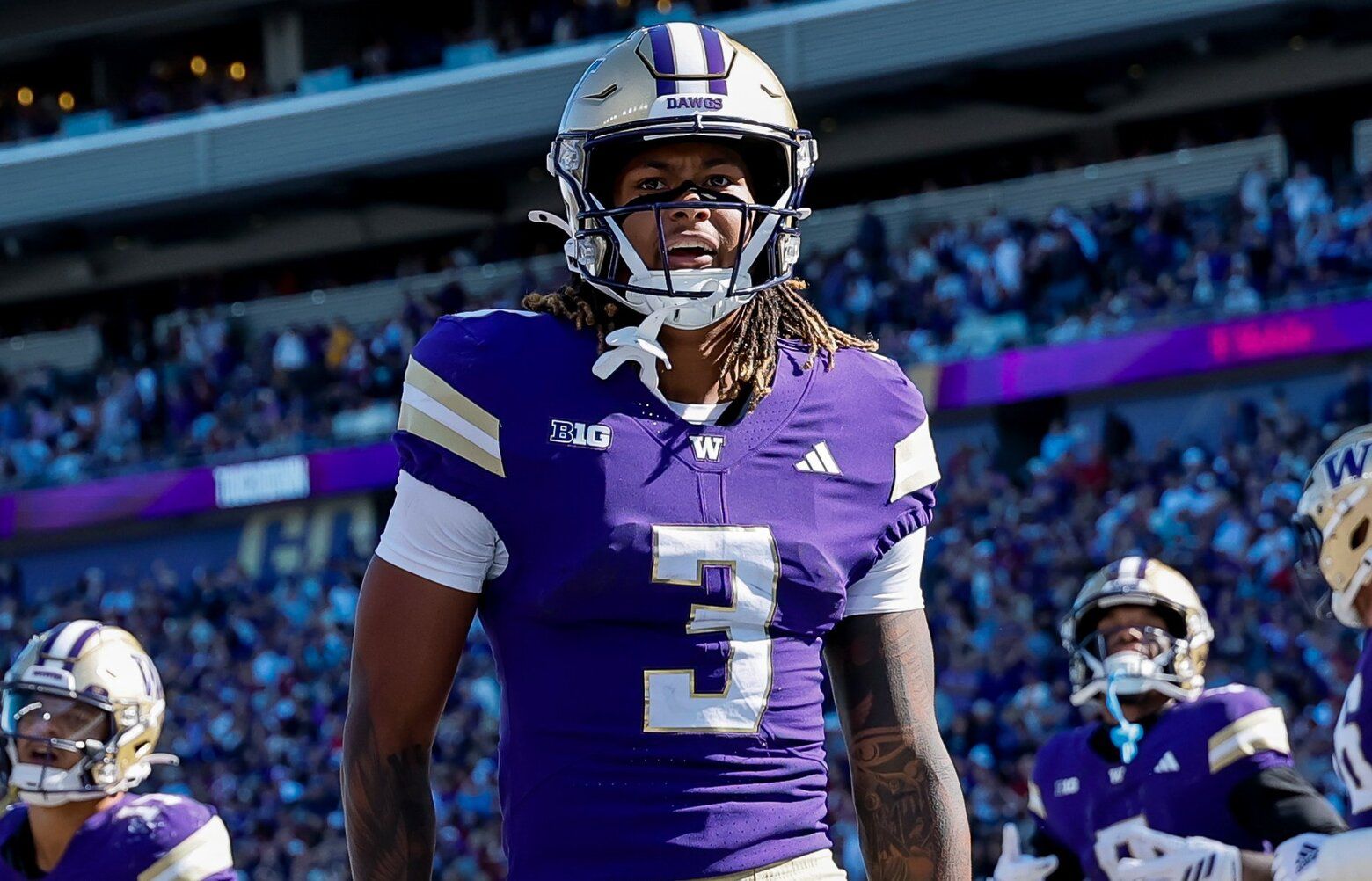 Washington Huskies wide receiver Rashid Williams celebrates a touchdown during the fourth quarter Sunday, Sept. 6, 2026 in Seattle. 234159