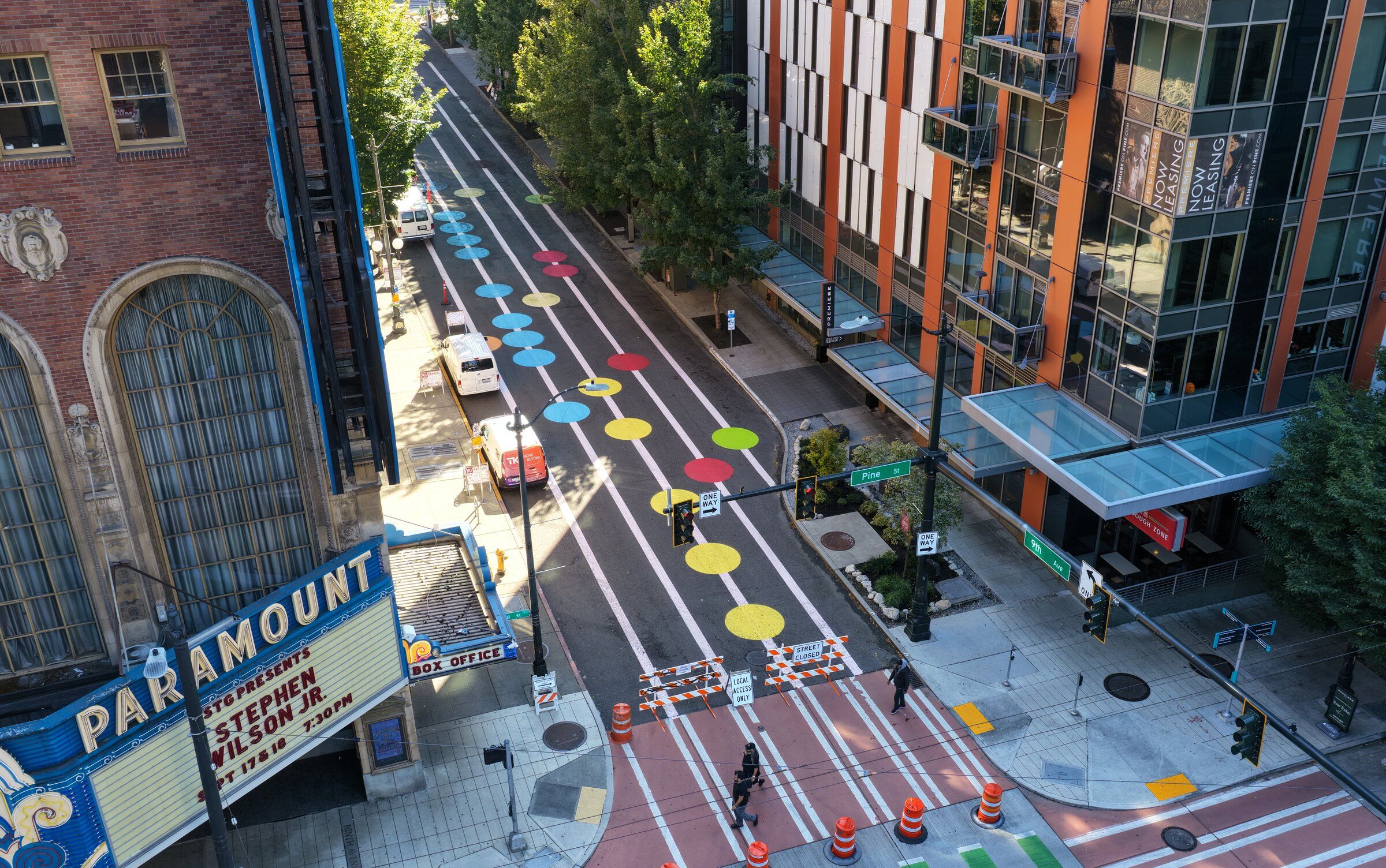 All that paint makes Ninth Avenue between Pike and Pine so festive — and undriveable, until somehow it can be washed off. (Karen Ducey / The Seattle Times)