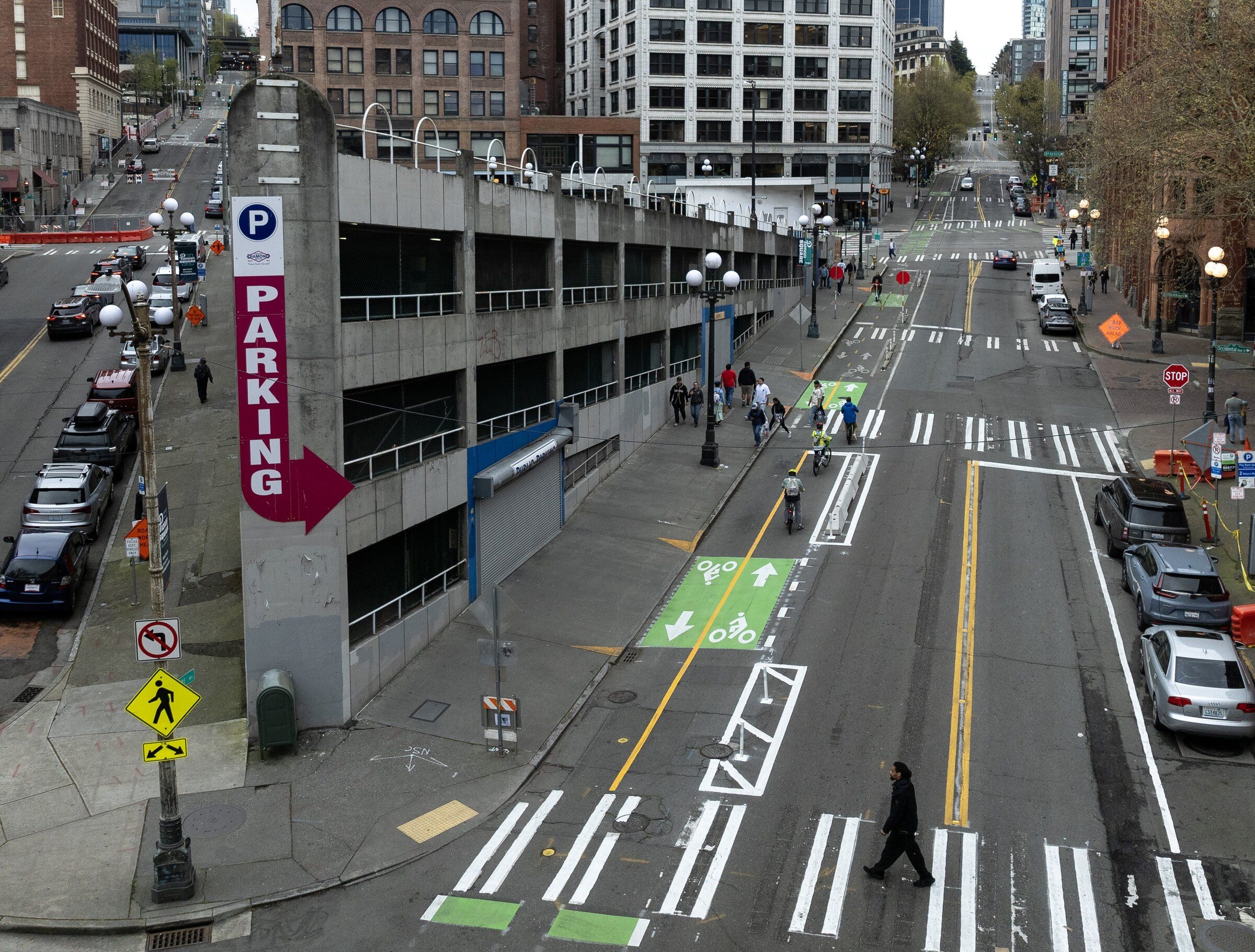 The Sinking Ship garage, on the edge of Pioneer Square, has partially reopened with new safety features. (Nick Wagner / The Seattle Times)