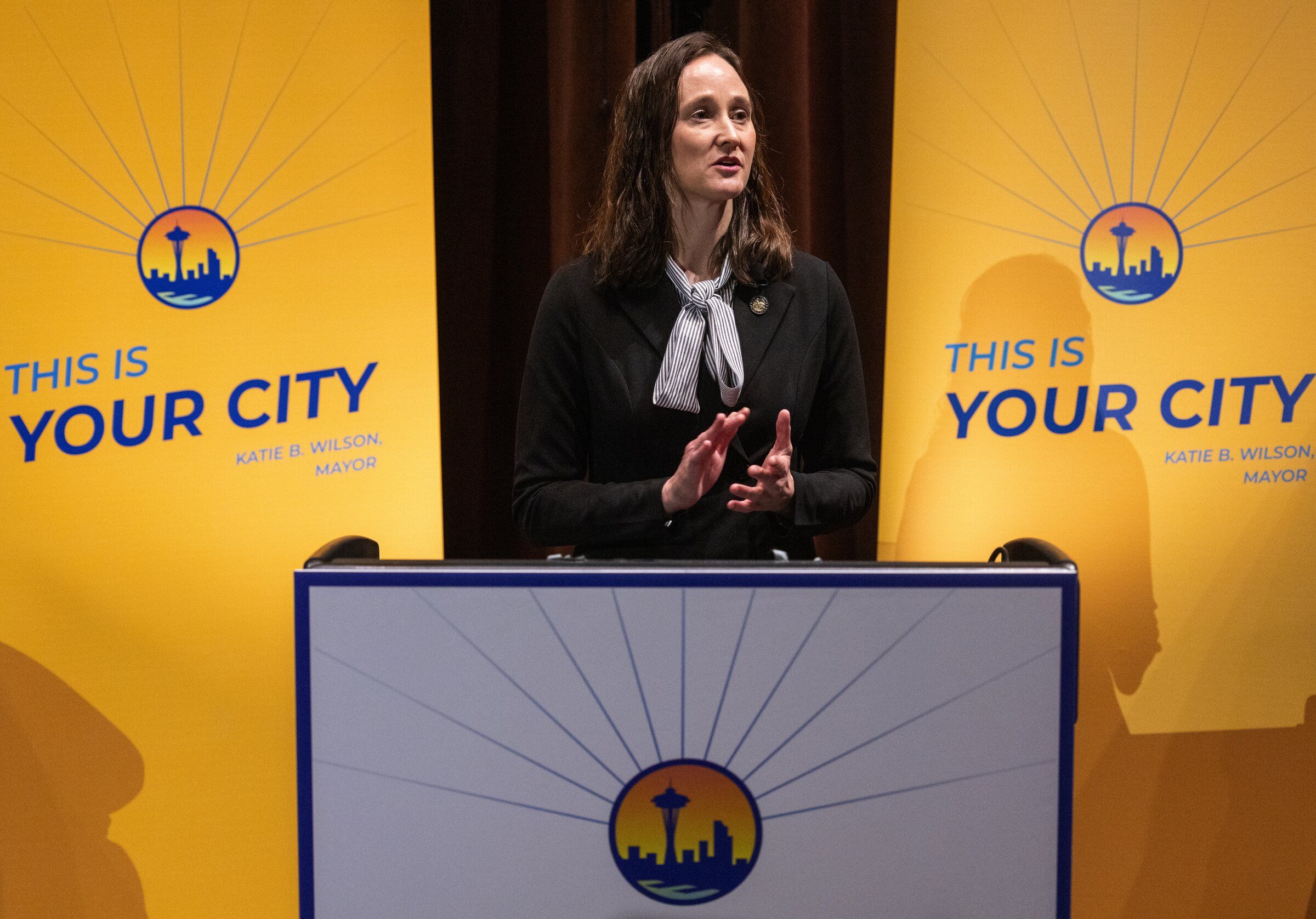 Seattle Mayor Katie Wilson speaks about her 2027 budget, the first of her tenure, at the Seattle
Central Library, on Tuesday, Sept. 22. (Ken Lambert / The Seattle Times)
