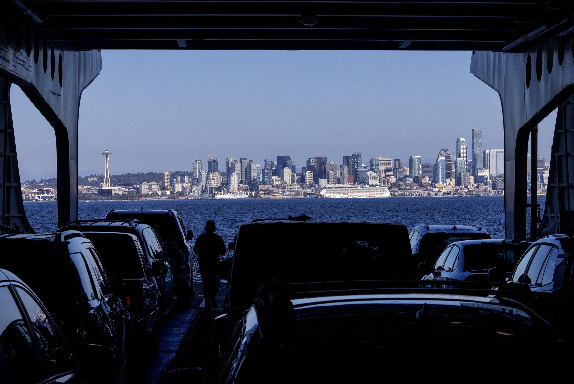 The ferry Kaleetan approaches the downtown Seattle skyline from Bremerton, Sunday, Sept. 20, 2026. (Ken Lambert / The Seattle Times)