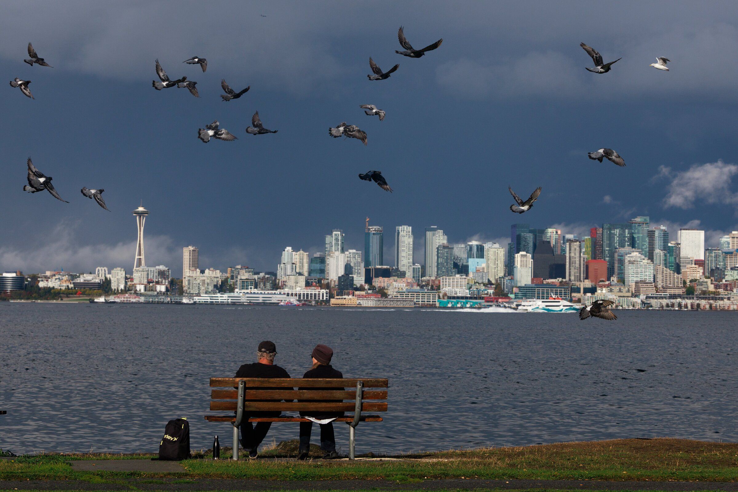 A couple feeds birds on Harbor Avenue Southwest in West Seattle on Sept. 25. After a rainstorm, the clouds parted and illuminated the Seattle skyline. (Erika Schultz / The Seattle Times)