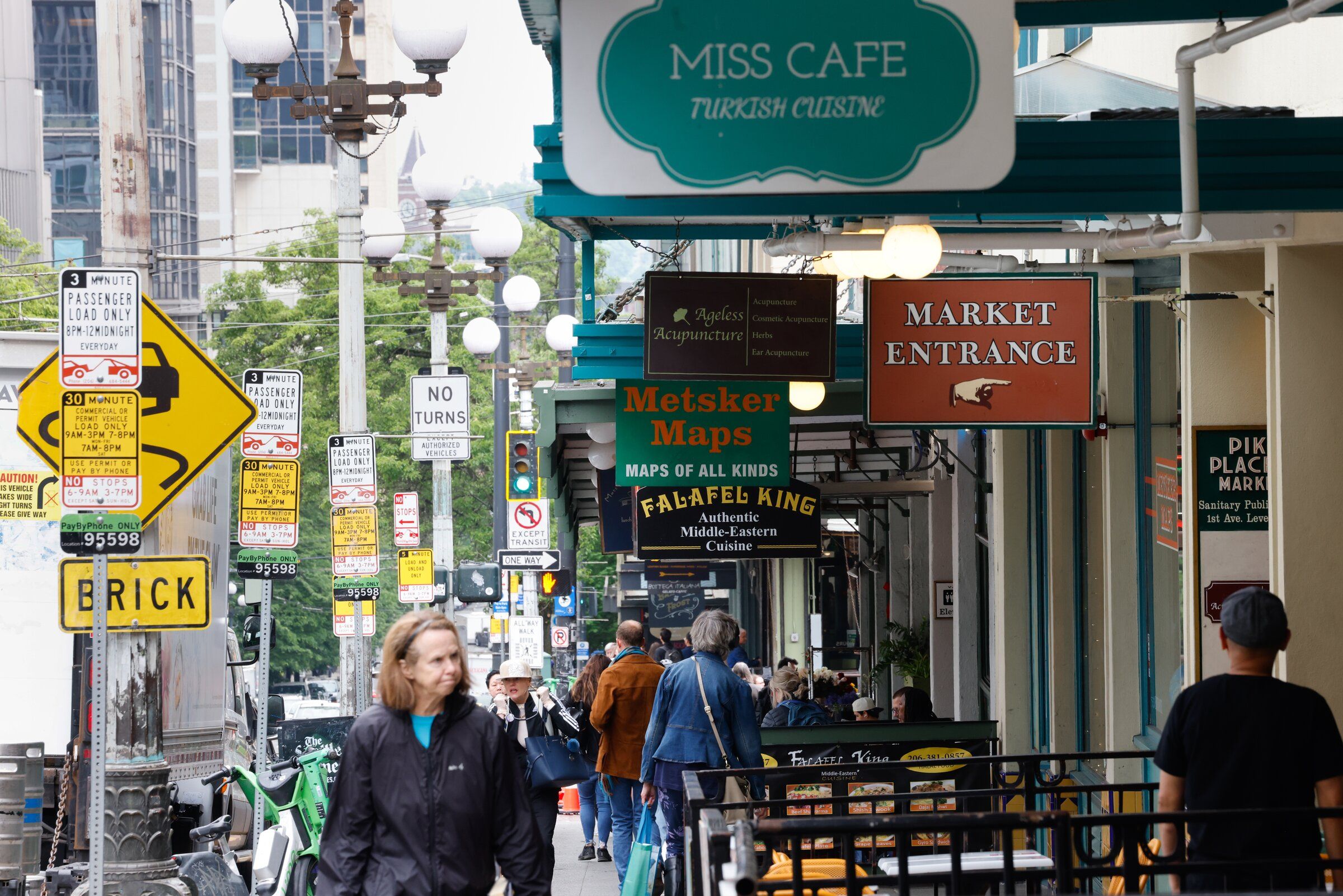Small businesses along First Avenue near Pike Place Market in Seattle, May 6. (Karen Ducey / The Seattle Times)