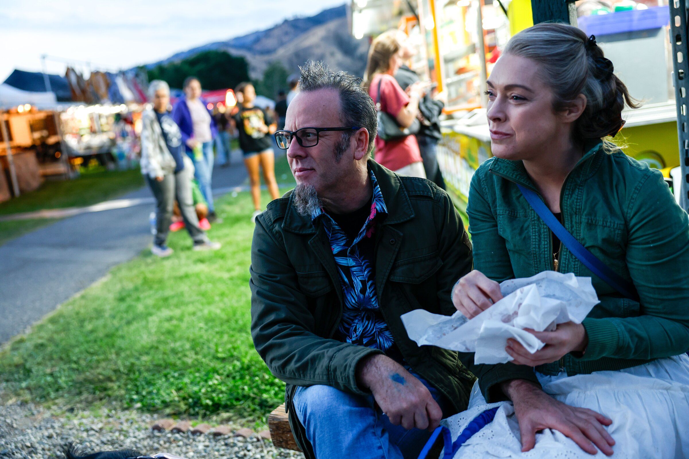 Kirk Musselman and Eddie Buell, both from Leavenworth, relax at the Chelan County Fair in Cashmere. (Andrew Burke-Stevenson / The Seattle Times)