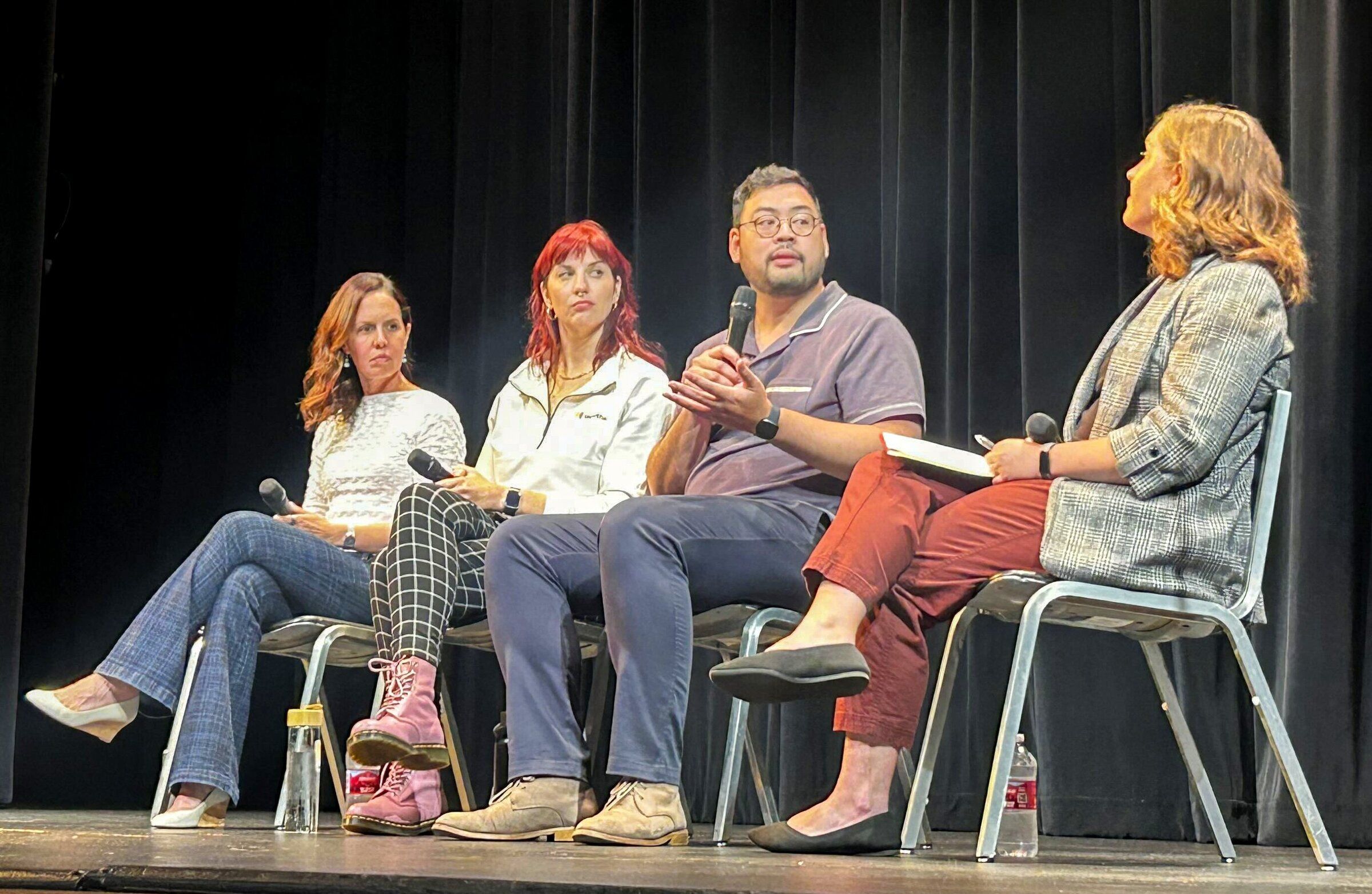 Alexis Hiniker, left, Green Lord and Rio Hindami discuss the impact of AI on young people’s mental health with The Seattle Times engagement reporter Taylor Blatchford at a Seattle Times event held Sept. 22. (Sunny Braidum / The Seattle Times)