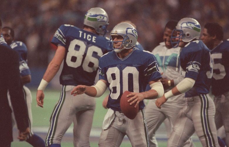 October 6, 1986 – Monday Night Football Seattle Seahawks vs. San Diego Chargers  Steve Largent has the ball he caught in an NFL-record 128th consecutive game in the Seahawks Monday Night Football win over the San Diego Chargers on Oct. 6, 1986 at the Kingdome.