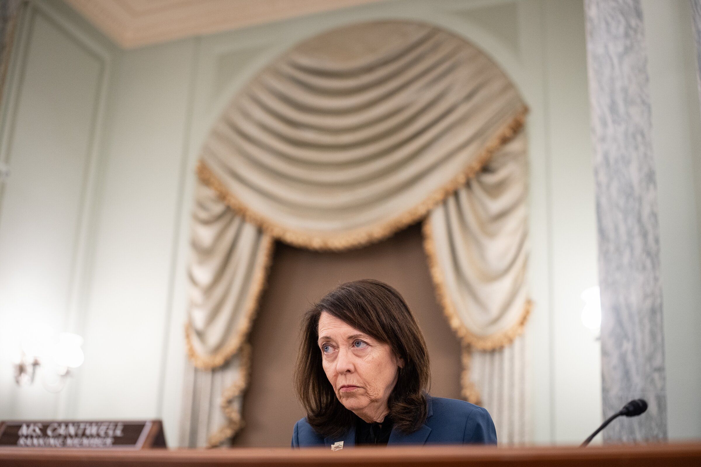 U.S. Sen. Maria Cantwell, D-Wash., ranking member of the Committee on Commerce, Science, and Transportation, attends a subcommittee hearing in May. The committee oversees artificial intelligence. (Al Drago / Bloomberg)