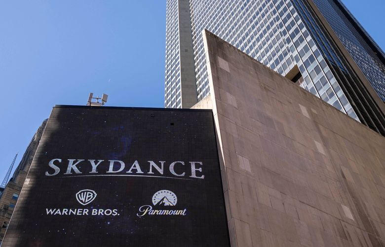 A Skydance billboard is displayed outside Paramount Global office in Times Square, Tuesday, Oct. 6, 2026, in New York. (AP Photo/Yuki Iwamura) NYYI107 NYYI107