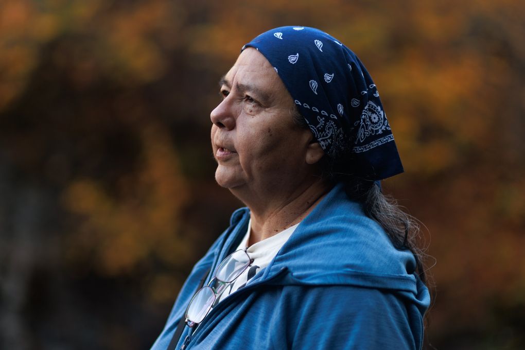 Frances Charles, longtime former chair of the Lower Elwha Klallam Tribe and a current member of the council, tours the former site of the Elwha Dam Wednesday, Oct. 7, 2026.  This area, described the project lands where the dam was blasted and a river freed, is slated to return to the Lower Elwha Klallam Tribe.  (Erika Schultz / The Seattle Times)
