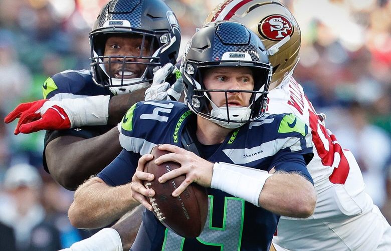 On third and five from the 49er 17, Sam Darnold flushed from the pocket, ultimately taking a sack by San Francisco defensive lineman Keion White, forcing the Seahawks to take the field goal in the fourth quarter.   The San Francisco 49ers played the Seattle Seahawks in NFL Football Sunday, October 11, 2026 at Lumen Field, in Seattle, WA. 234466