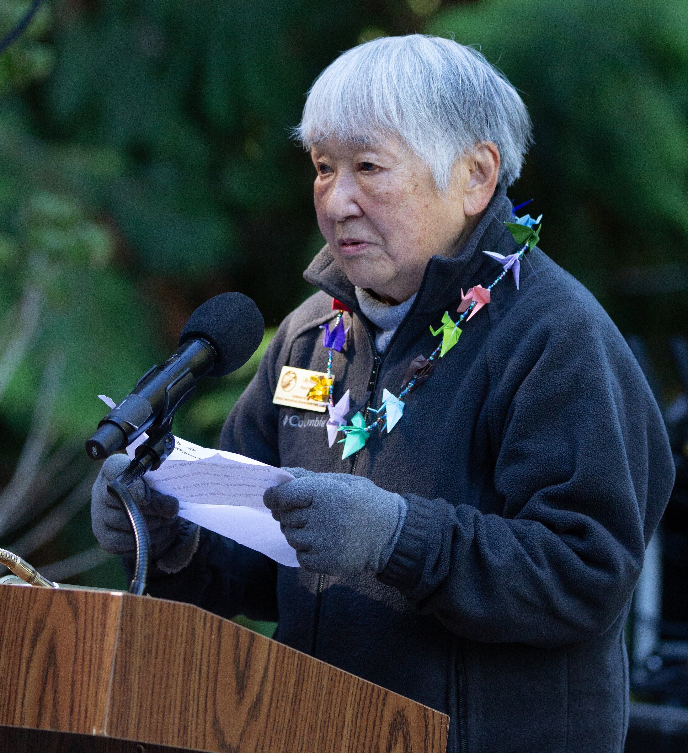 Lillie Kodama at the opening of the new visitor center for the Japanese American Incarceration Memorial on Bainbridge Island on Sunday. (Naomi Ishisaka / The Seattle Times)