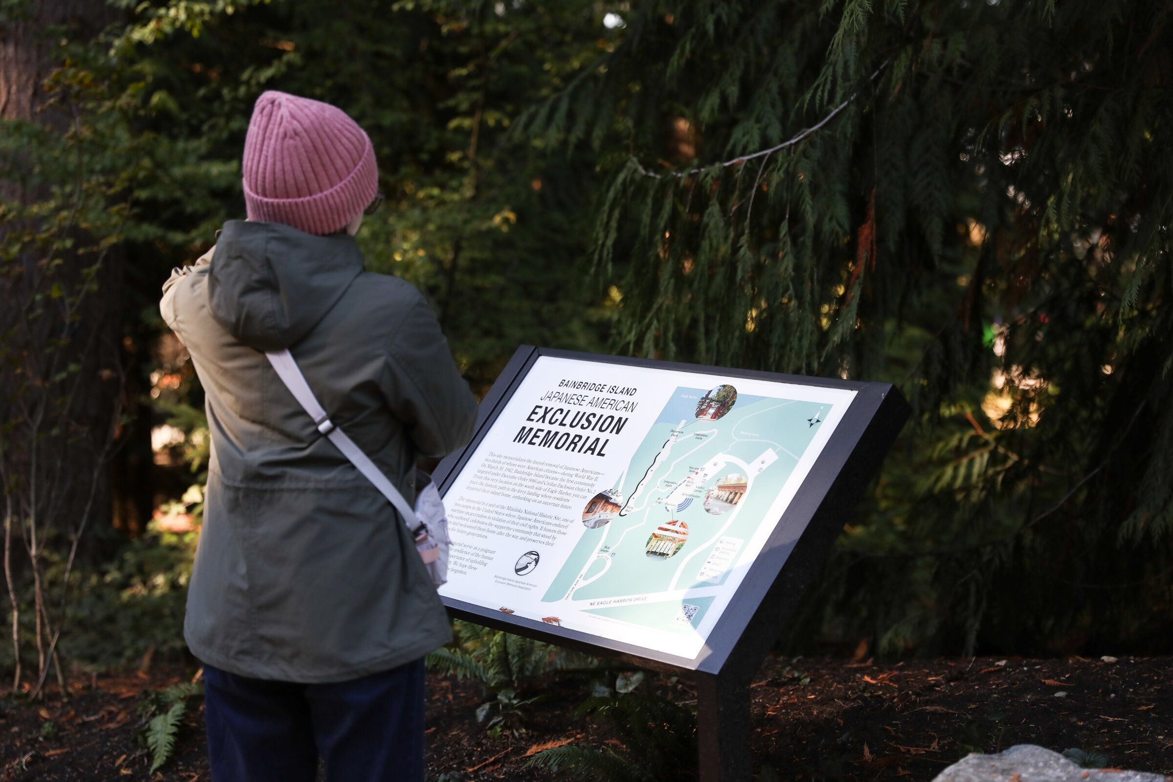 A visitor looks at a plaque at the opening of the visitor center for the Japanese American Incarceration Memorial on Bainbridge Island on Sunday. (Naomi Ishikawa / The Seattle Times)