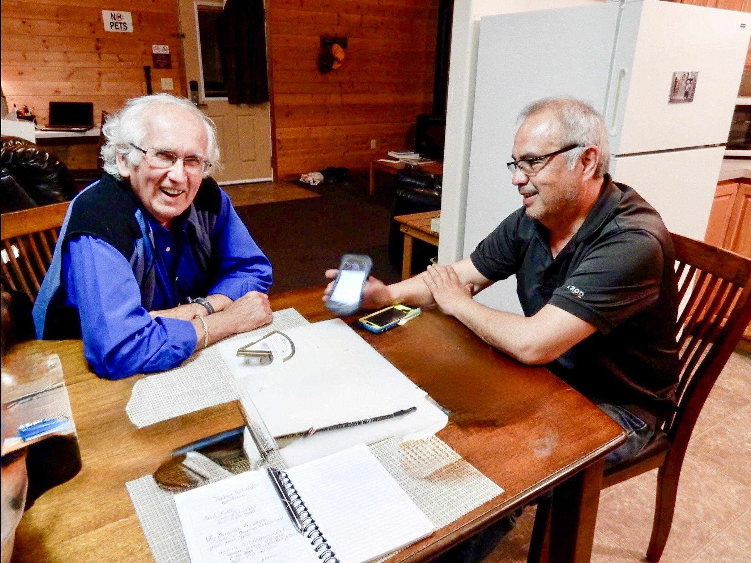 James Jaime, the Quileute Tribe’s cultural director, right, records linguistic anthropologist Jay Powell speaking Quileute in 2023. (Courtesy of the Quileute Tribe)