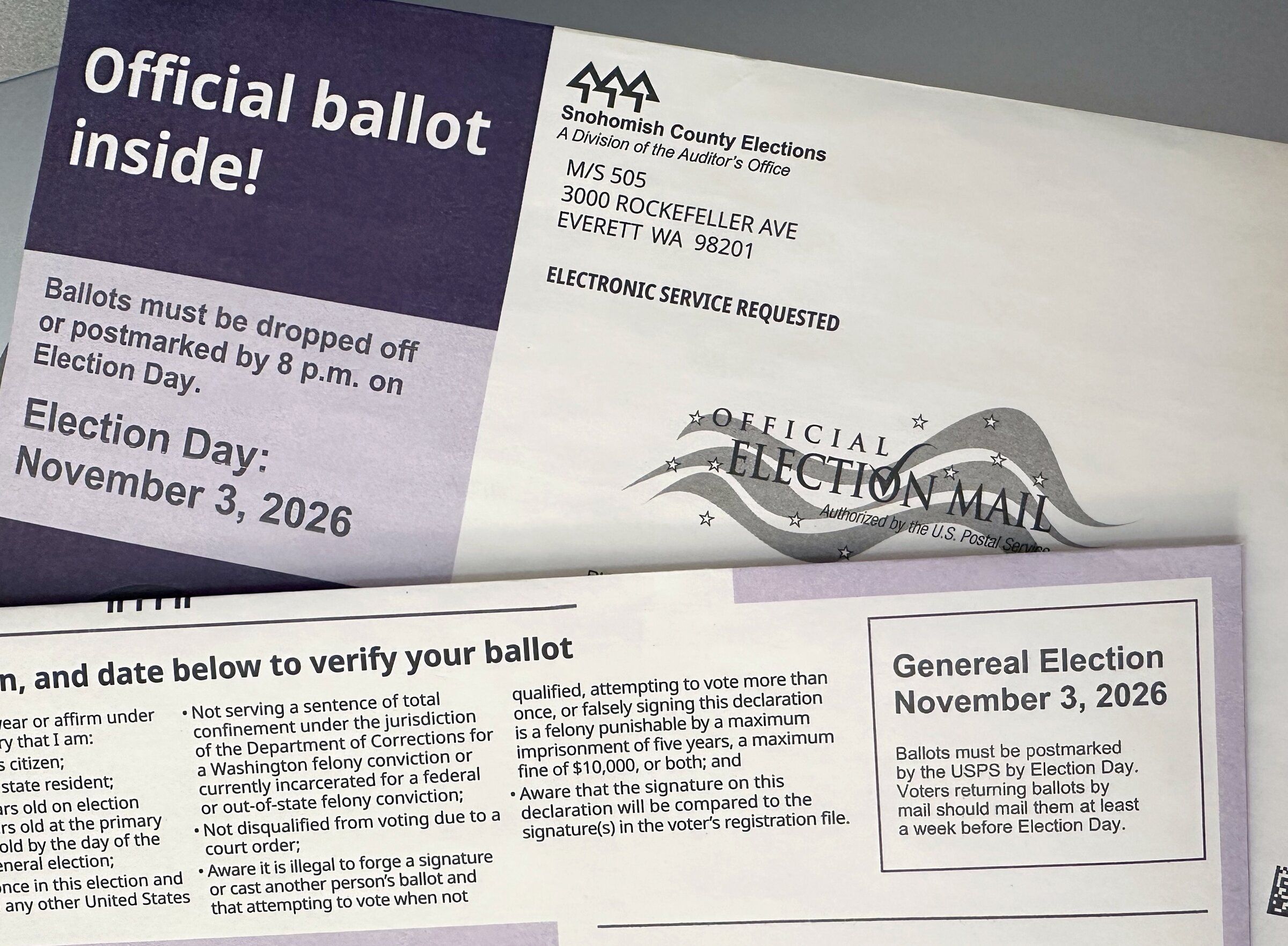 Some Snohomish County ballots for the 2026 midterms included a misspelling of the word “General.” (Michelle Archer / The Seattle Times)