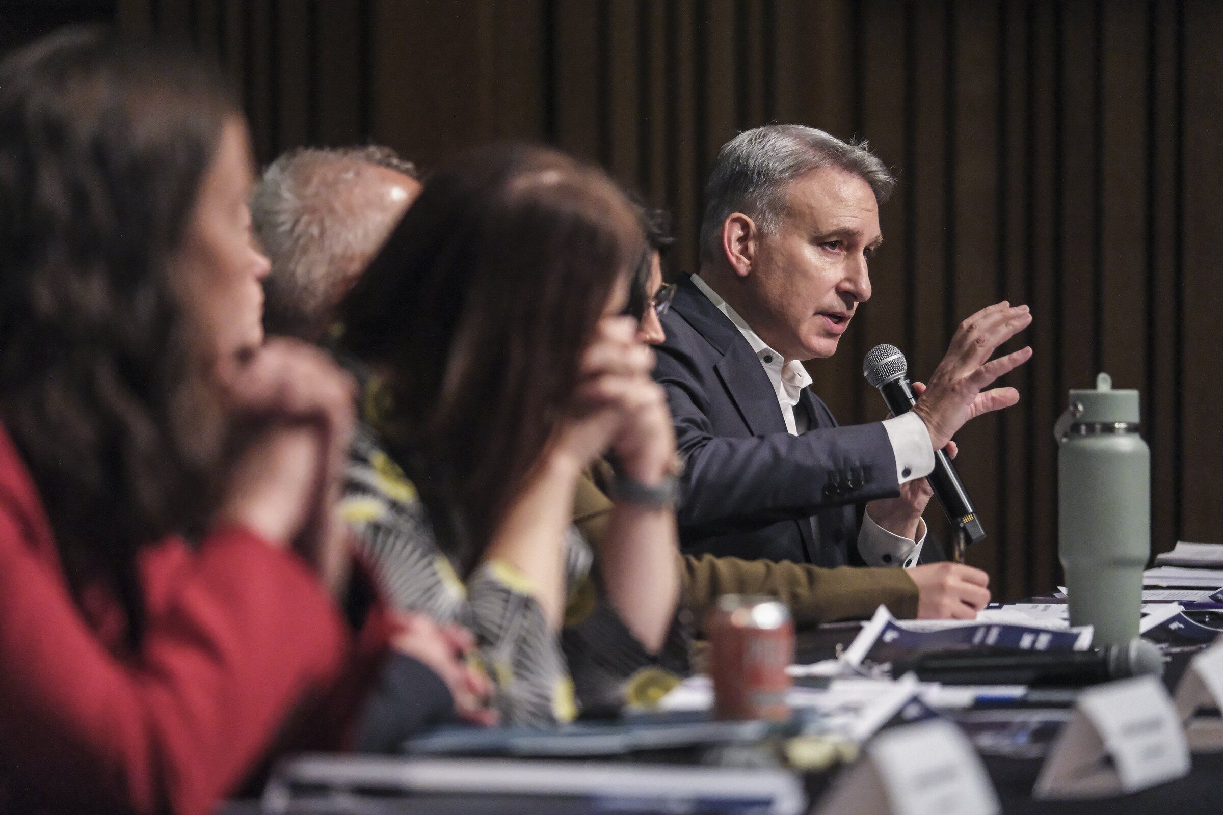 Sound Transit CEO Dow Constantine and his team discuss plans to build a light-rail line to Ballard. (Dean Rutz / The Seattle Times)