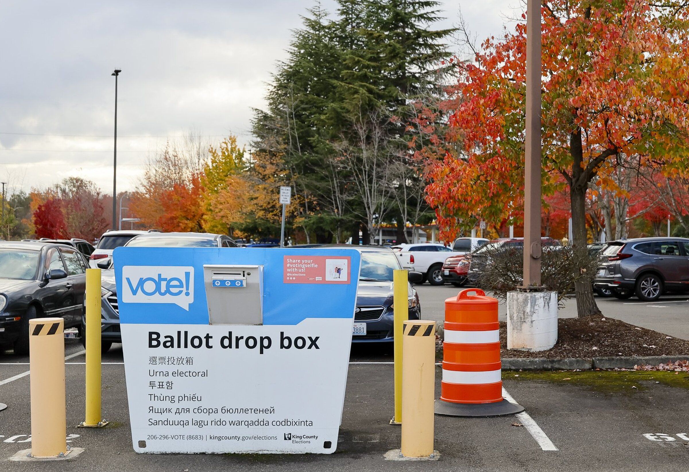 A ballot drop box outside the King County Elections building in Renton. (Kevin Clark / The Seattle Times)