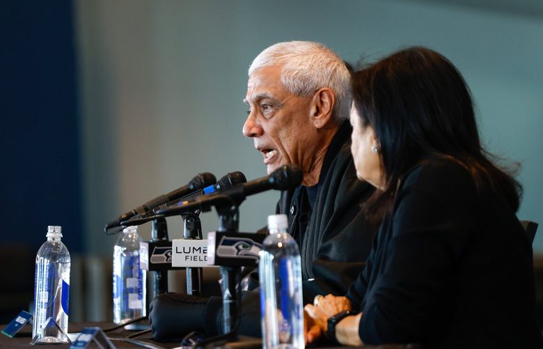 Vinod Khosla, chair of the Seattle Seahawks, answers a question at a press conference introducing the Khosla family, the new owners of the Seattle Seahawks, at Lumen Field before the team’s season opener on Wednesday, September 9, 2026.  234165