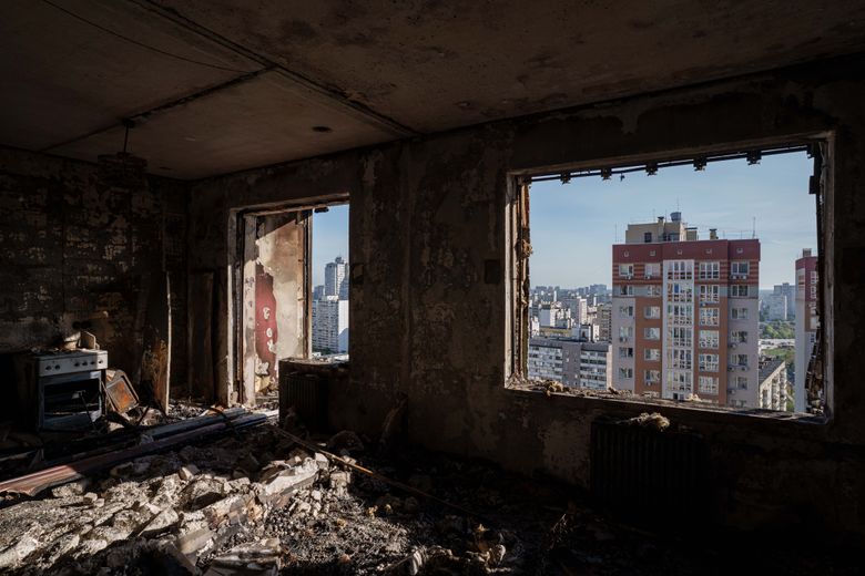 An apartment is seen burned out following a Russian drone strike in Kyiv, Ukraine, Friday, Oct. 2, 2026. (AP Photo/Evgeniy Maloletka)